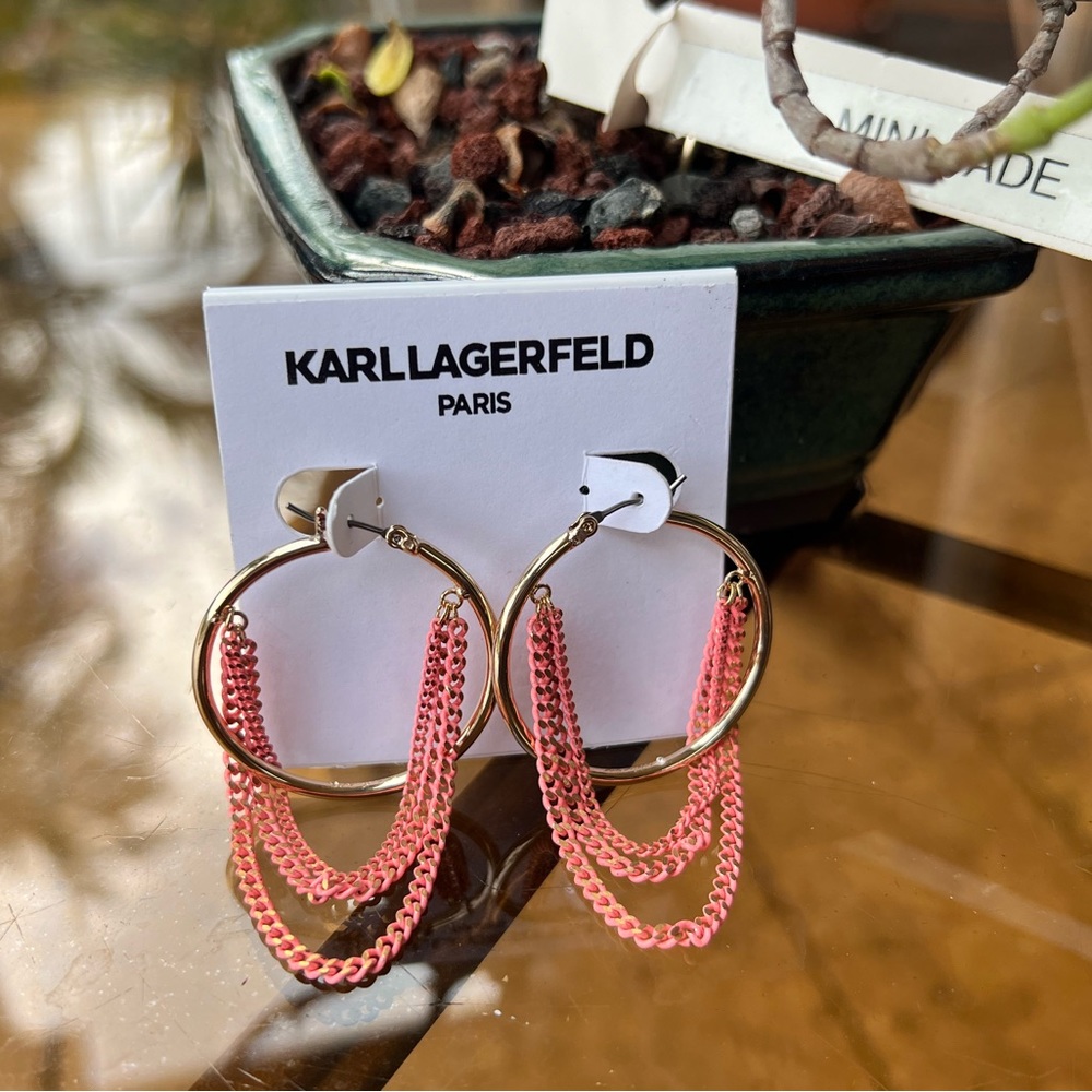 KARL LAGERFELD Paris Enamel Chain Swag Drop Gold Hoop Earrings